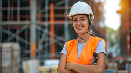 Wall Mural - woman with a confident smile is wearing a white hard hat and reflective orange safety vest, standing at a construction site with scaffolding in the background