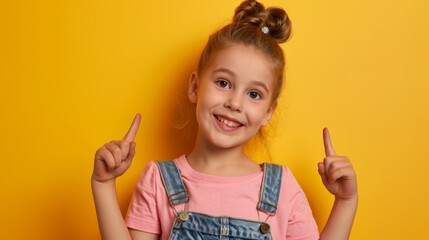 Canvas Print - young girl with a joyful expression, pointing both of her fingers to her sides against a bright yellow background