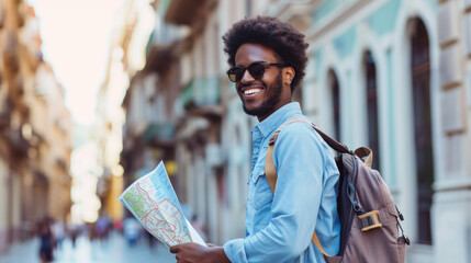 Poster - cheerful young man with blonde hair and sunglasses holding a map