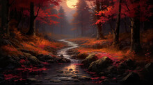 Beautiful Lofi Anime Inspired Long Path Into Future In A Red Autumn Inspired Forest