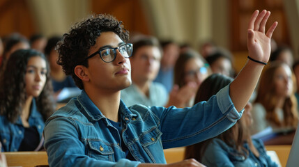 Poster - student is raising their hand in a classroom, with other students and a teacher in the background