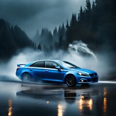 car on the road ,A blue business car drifts on a wet highway, creating a splash of water and smoke. 