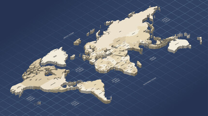 Wall Mural - world map in sepia color palette isometric 3d vector illustration