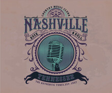 Nashville Tennessee Music City Retro Vintage Design, Nashville Typography Artwork, Old Microphone Vector Illustration, Western Music Artwork For T Shirt, Sticker, Poster, Graphic Print 