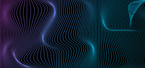 Aufkleber - Abstract deform wavy gradient light lines smooth curve flowing dynamic on black background for concept of technology, digital, communication, science. Vector illustration for banner, poster, cover. 