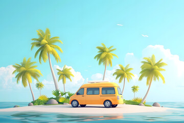 Wall Mural - Mini van parking on a beach island in cute 3d cartoon. Summer background.