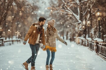 Wall Mural - Happy young couple in love ice skating in winter. 