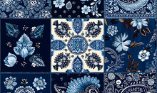 Blue Paisley Bandana Fabric Patchwork Abstract Vector Seamless Pattern