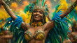 Mardi gras carnival. Happy brasil dancer wearing feather costume.