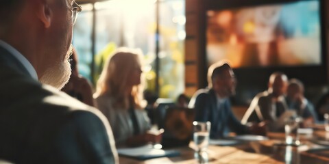 Wall Mural - Close-up view corporate business team and their manager engaged in a focused meeting. The background features a blurred.