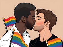 An African American Man And A Caucasian Man Kiss, There Are Three Small LGBT I Flags. AI