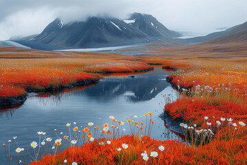 Wall Mural - arctic landscape with mountain and blooming tundra