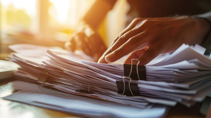 Sticker - Close-up of a person's hands sorting through a large stack of papers and documents secured with black binder clips