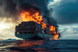 A container ship on fire at sea after an attack