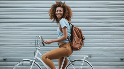 joyful woman with curly hair is riding a bicycle in front of a metal corrugated wall