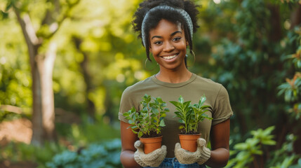 Sticker - young woman with a beanie, smiling and holding two small potted plants