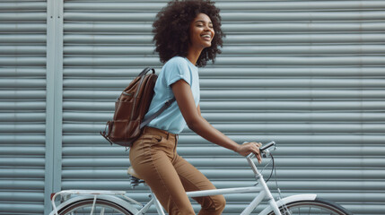 joyful woman with curly hair is riding a bicycle in front of a metal corrugated wall