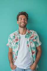 Caucasian man wearing shirt on blue background.