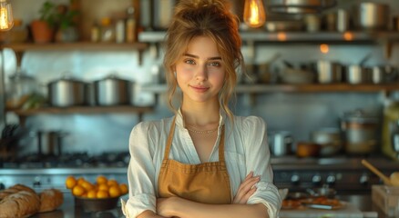 Wall Mural - A determined woman stands in her kitchen, apron-clad and arms crossed, ready to take on the day's cooking with her trusty appliances and a look of concentration on her face