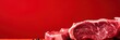 © Sunny_nsk - Fresh meat slices on red background, wide horizontal panoramic banner with copy space, or web site header with empty area for text.