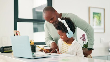 Aufkleber - Father, child and education on laptop for support, bonding together on technology in home with care. Black man, kid or happy by kitchen counter by computer or online research on homework in apartment