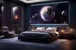 A bedroom with a modern space themed design