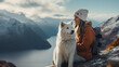 Cinematic image of a hiker girl sitting with samoyed at the top of the mountain with rocks, autumn trees and lake. Long shot of a beautiful scene in autumn from the top. Moody colors.