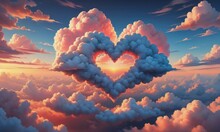 A Stylized Illustration Featuring A Heart-shaped Cloud Surrounded By Other Fluffy Clouds In Various Shapes.