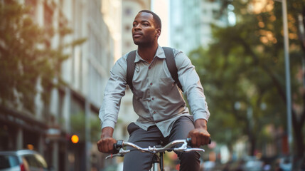 focused man in smart casual attire riding a bicycle on an urban street