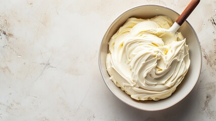 A bowl of rich, white creamy frosting with a wooden spoon