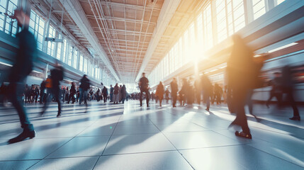 Commuters silhouettes in subway station, train station or airport. Rush Hour in public transport with abstract colorful light trails