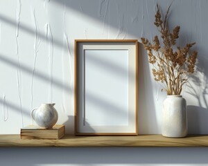 blank empty photo frame mockup sitting on a wooden shelf