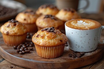 Indulge in a comforting moment with a steaming cup of coffee and freshly baked muffins served on a rustic wooden board, bringing together the perfect blend of sweetness and warmth in a cozy indoor se