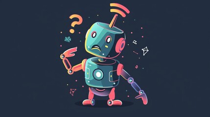 Wall Mural - Confused chatbot character, flat vector illustration isolated on dark background. Symbol of error or mistake in mobile app or website. Cute customer support virtual bot