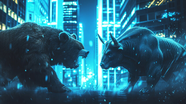 Furious long furred bear and angry horned bull preparing for fight on the city center downtown street. Bull and bear stock market concept image. World of finances, business, stock exchanges and money.