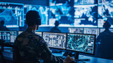 Fototapeta  - military personnel is focused on monitoring multiple computer screens in a high-tech surveillance room with global maps and data on the screens