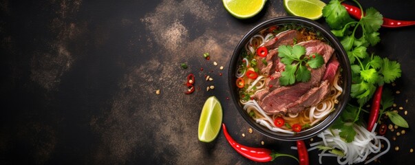 Vietnamese and Asian cuisine. Pho Bo traditional Soup with beef on dark backround. Close up. Generative ai