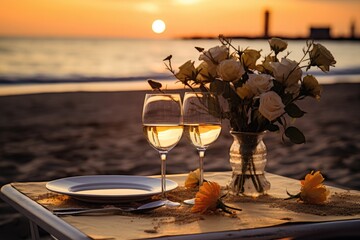 Two wine glasses filled with red wine are placed on a wooden table against the backdrop of a sandy beach and a vibrant sunset.