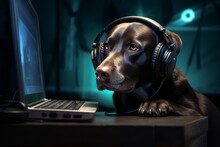Dog Labrador Retriever Code Developer. Labrador Retriever Dog Programmer. Horizontal Banking Background For Web. Photo AI Generated