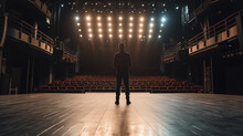 Silhouette Of A Person Standing On A Theater Stage, Spotlight Shining From Behind