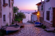 Seaside Hamlet At Dawn With Cobblestone Streets And Fishing Boats