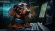© Anastasia - Dog Dachshund developer. Dachshund Dog programmer. Horizontal banking poster background for advertisement. Photo AI Generated