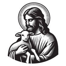 Jesus Holding A Lamb. Engraving Vintage Vector Illustration. Isolated Object