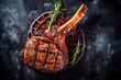 Delicious dry aged grilled steak with seasonings on a black background