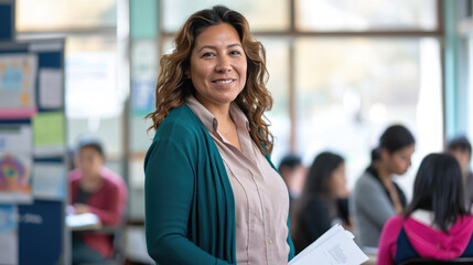 Sticker - Female teacher is standing in a classroom holding papers, with students in the background engaged in their studies.