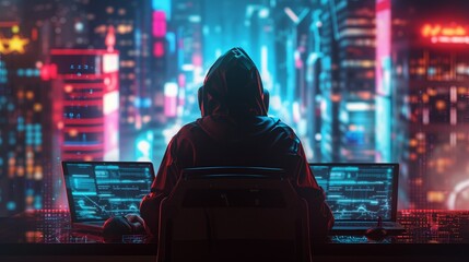 A hooded man sits at a table with laptops, the concept of digital security and anonymity