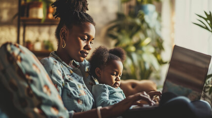 Canvas Print - Woman is sitting on a couch, holding a toddler on her lap while working on a laptop in a cozy home environment.