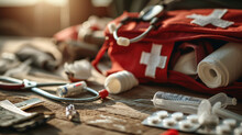 First Aid Kit With A White Cross On A Red Bag, Surrounded By Various Medical Supplies
