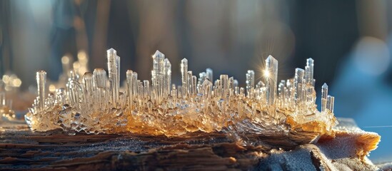 Poster - Mesmerizing Ice Crystals Growing on Wood Surface: A Captivating Display of Frozen Artistry