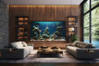  family living room with a wall mounted aquarium
